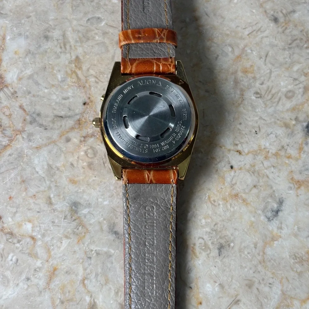 Armitron Looney Tunes Taz Musical Watch Gold Brown Leather Vintage 90s OS